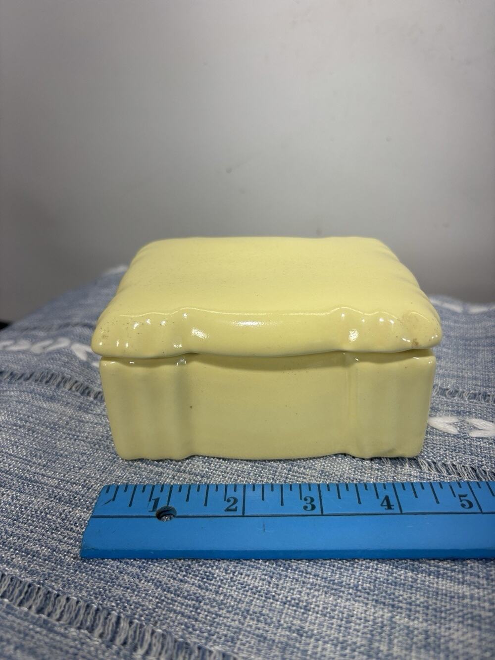 Vintage Yellow Ceramic Pillow Trinket Box Lidded Jewelry Box Retro Decor
